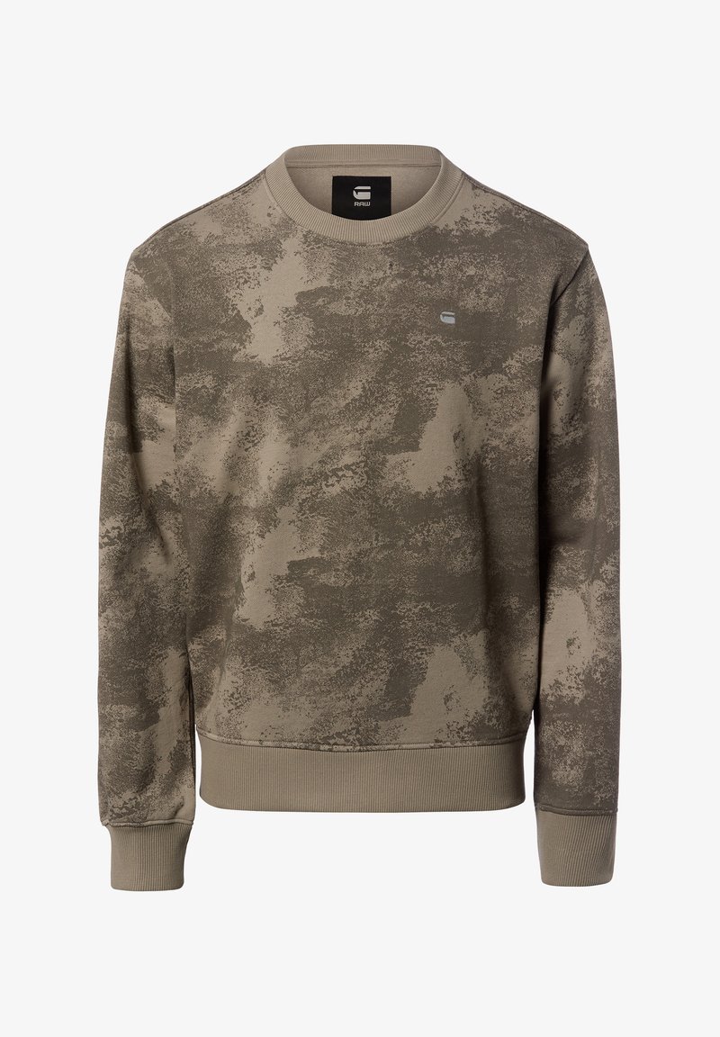 Beige-braunes meliertes Sweatshirt mit Rundhalsausschnitt, gerippten Bündchen und Saum, kleines Logo auf der linken Brust.