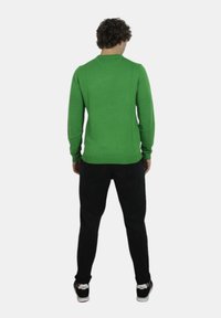 Maglione verde lavorato a maglia con scollatura rotonda, polsini e orlo inferiore a costine. Abbinato a pantaloni neri e sneakers. Vista posteriore.