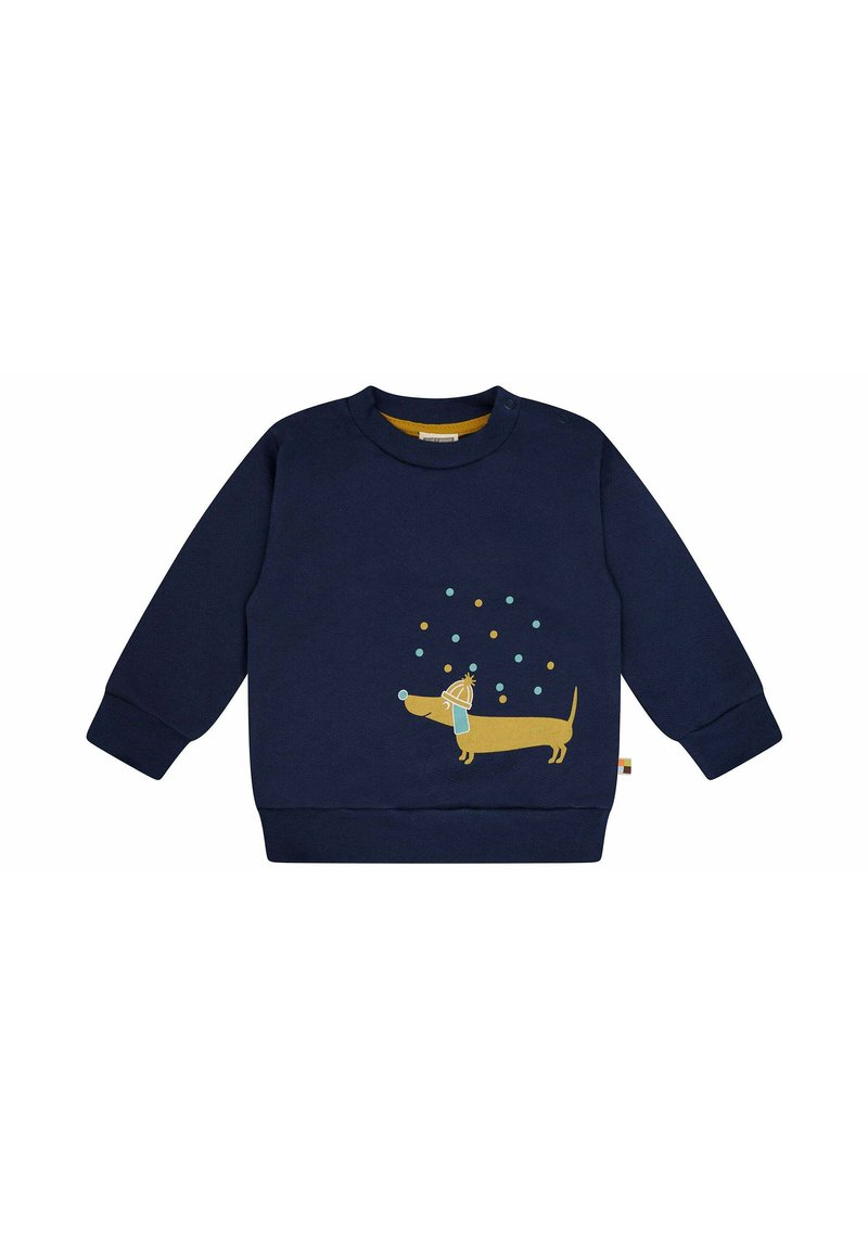 Marineblaue Sweatshirt mit langen Ärmeln, mit einem gelben Dackel-Design, der einen blauen Schal und eine gelbe Mütze trägt, akzentuiert mit bunten Punkten.