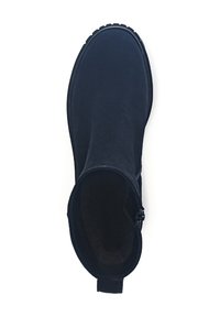 Botte cheville noire en suede, avec une texture lisse, un bout rond et une fermeture éclair décorative sur le côté, dotée d'une doublure douce et d'une semelle en caoutchouc robuste.