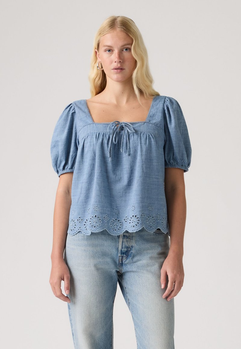 Kvinde med blondt hår iført en blå bluse med pufærmer, bølget broderet kant og lyse jeans mod en ensfarvet baggrund.