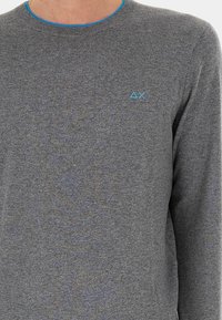 Maglione grigio a maniche lunghe con scollatura rotonda, caratterizzato da rifiniture blu e un sottile motivo del logo blu coordinato sul petto. Texture morbida.