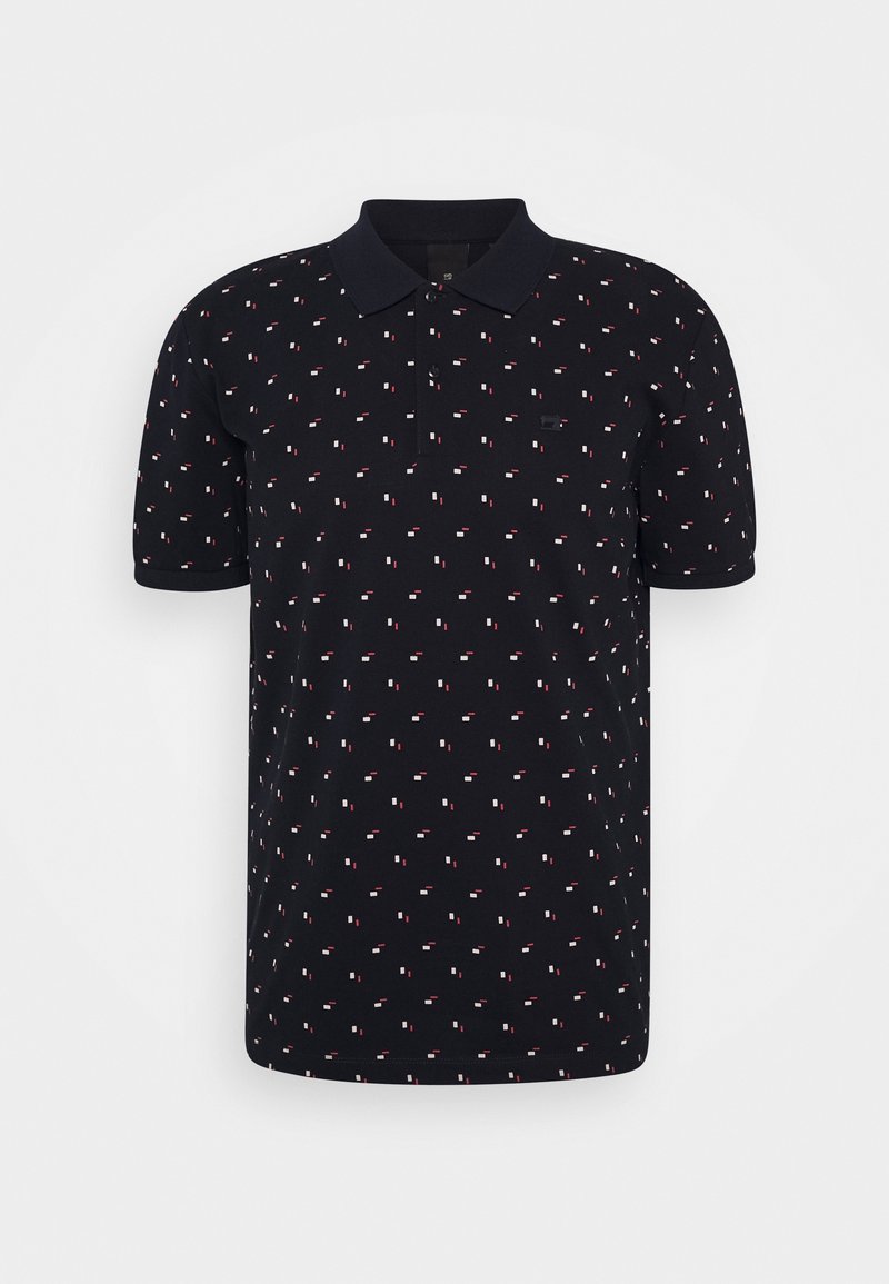 Polo noir à manches courtes avec col, présentant un motif éparpillé rouge et blanc et un petit logo sur la poitrine.