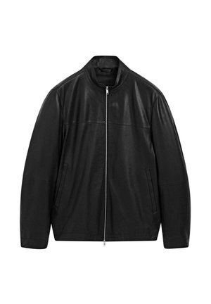 Schwarze Lederjacke mit Reißverschluss und Stehkragen, ausgestattet mit zwei Seitentaschen, gestaltet mit glattem und mattem Leder.
