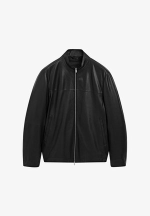 Schwarze Lederjacke mit Reißverschluss und Stehkragen, ausgestattet mit zwei Seitentaschen, gestaltet mit glattem und mattem Leder.