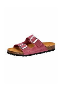 Red suede slide sandal with two adjustable silver buckles, cork footbed, and textured black rubber sole. Open toe and back design.