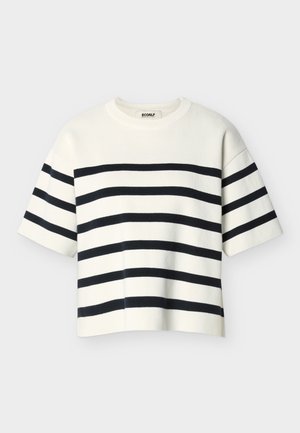 Bela kratka pulover z dolgimi rokavi s črnimi vodoravnimi črtami na telesu in rokavih, okrogel izrez, znotraj ovratnika je etiketa blagovne znamke ECOALF.