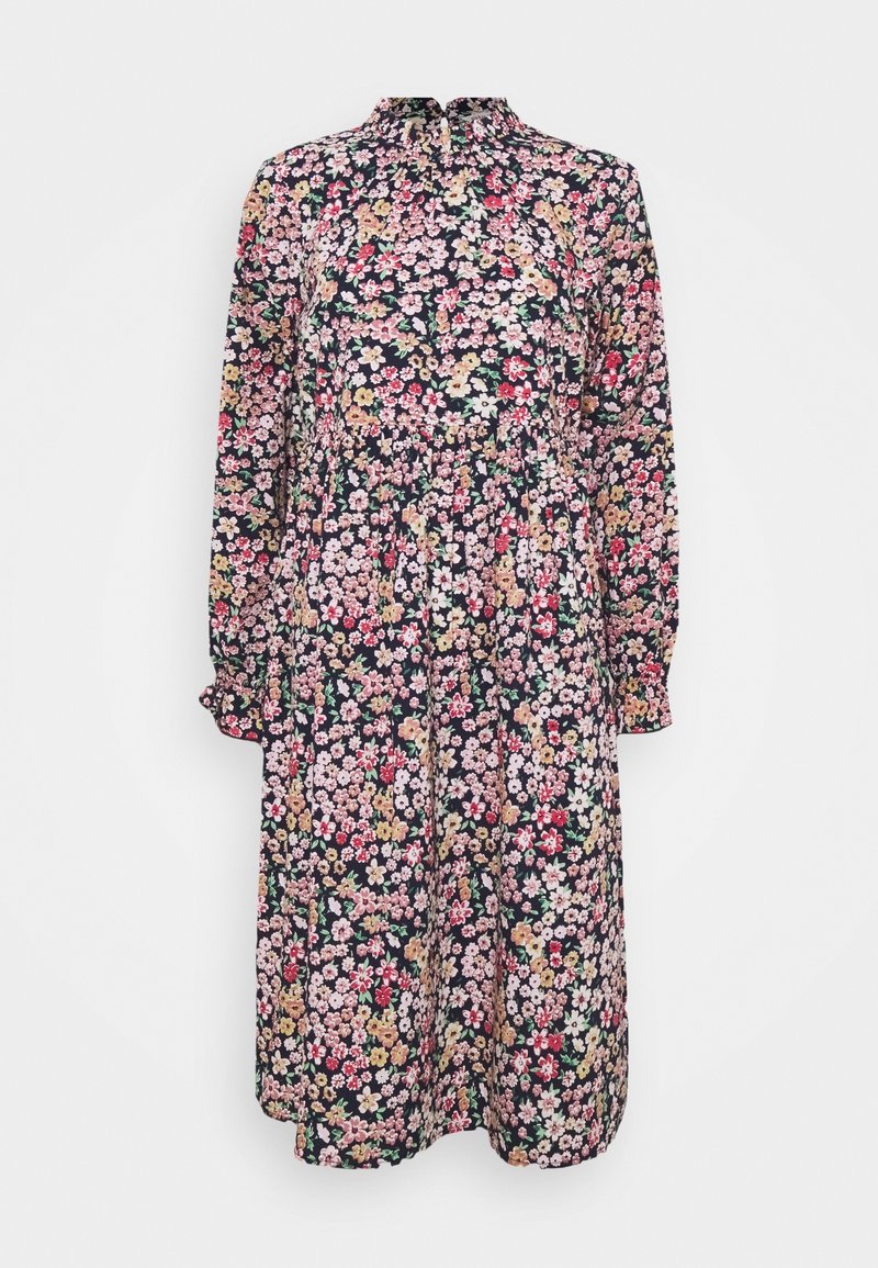 Robe à manches longues, longueur au genou, avec un col montant, arborant un motif floral multicolore sur fond noir.