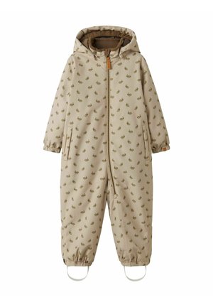 Beige one-piece jumpsuit with a hood, featuring a repeating green pattern, elastic cuffs, and a front zipper. Suitable for outdoor use.