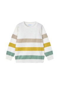 Maglione lavorato a maglia di colore bianco con righe orizzontali: beige, giallo e verde. Presenta un collo rotondo e maniche lunghe. Texture morbida.