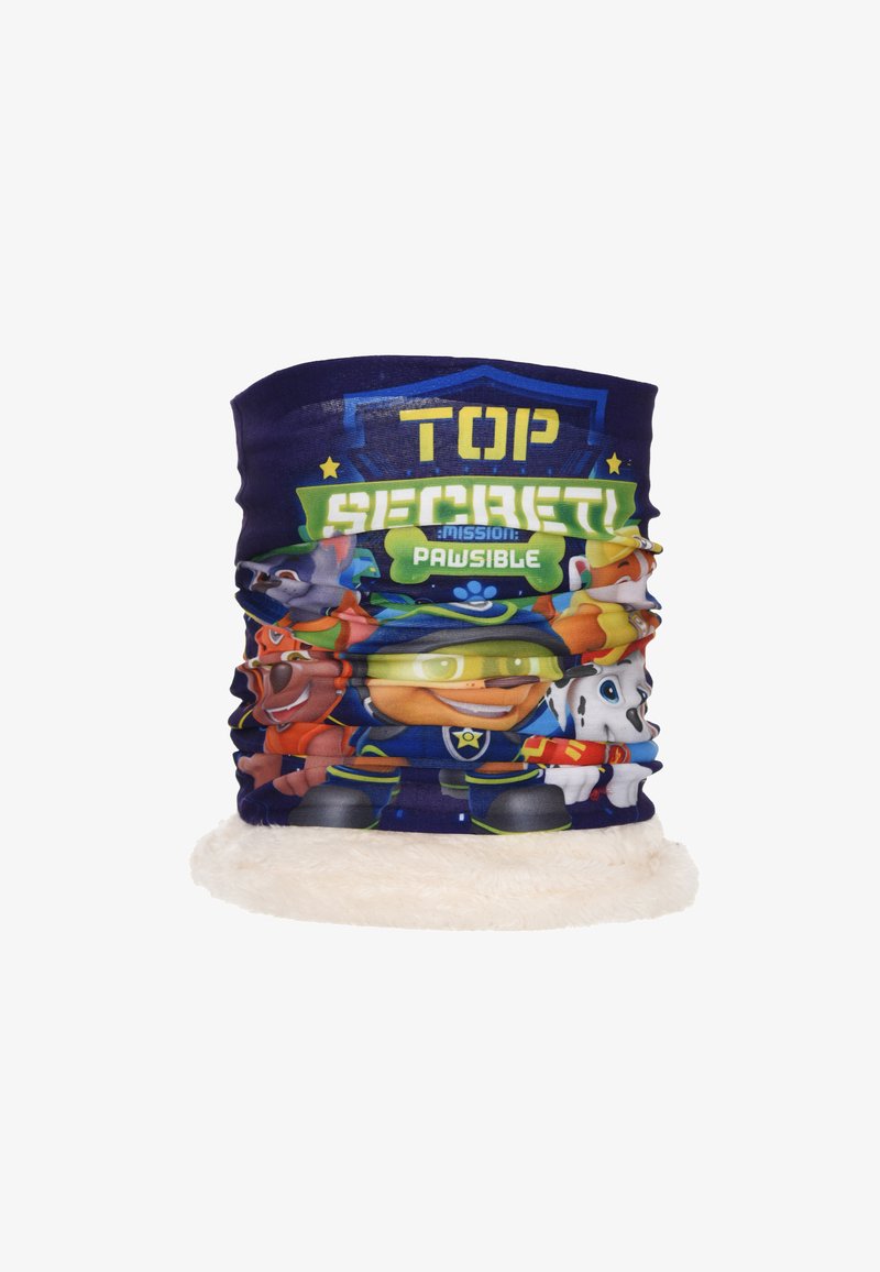 Multikleurige buisvormige nekwarmer met cartoonfiguren, voorzien van een zachte, pluizige witte voering en een donkerblauwe buitenstof.