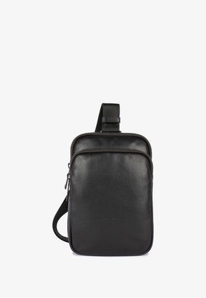 Borsa a tracolla nera in pelle con texture liscia, forma rettangolare, zip superiore e tracolla regolabile. Logo del marchio impresso sulla parte frontale.