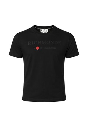 Maglietta nera a maniche corte con la scritta "RICHMONDX MADE IN ENGLAND" e una piccola grafica di una rosa rossa sul petto.