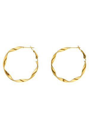 Paire de boucles d’oreilles hoops torsadées en or avec fermoirs à clapet, présentée sur fond blanc.