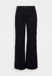 Pantalons cargo noirs en coton avec une coupe droite, dotés de poches latérales et d'une fermeture à bouton à l'avant.