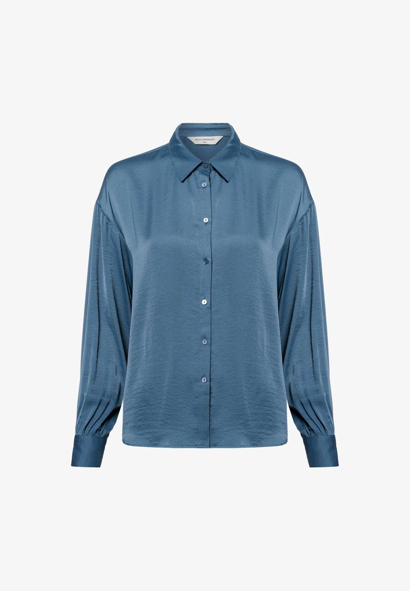 Light blue, long-sleeve button-up shirt in a smooth fabric. Features a classic collar and gathered detailing at the sleeve cuffs.