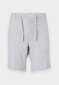 Lysegrå shorts laget av teksturert stoff, med snor og knappeåpning, to sidelommer og rett ben-design.