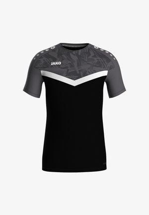 Zwart en grijs sportshirt met korte mouwen, wit chevrondesign, abstracte patronen bovenaan en "JAKO" merklogo op de borst.
