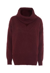 Maglione lavorato a maglia di un rosso scuro con un ampio colletto a dolcevita e un motivo a coste a forma di V sul petto e sui polsini.