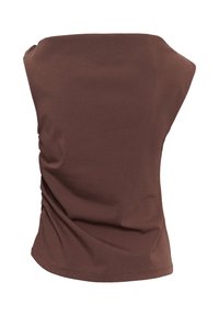 Haut marron ajusté sans manches avec un col droit et un léger détail de tissu drapé sur fond blanc.