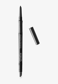 Black automatic eyeliner pencil with a pointed tip and transparent cap, featuring a textured grip and printed brand details.