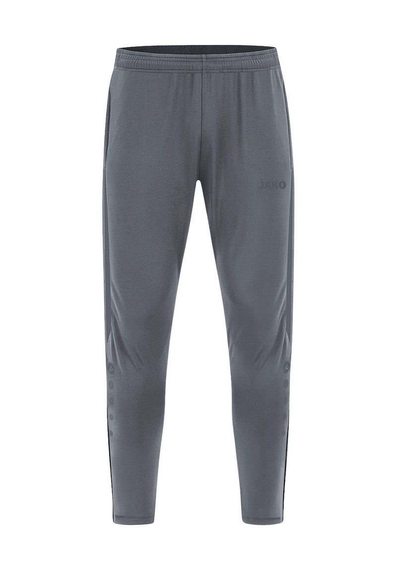 Graue Sporthosen aus elastischem Stoff mit einem taillierten Design, einem elastischen Bund und seitlichen Knöpfen für eine verstellbare Passform. JAKO-Logo angebracht.