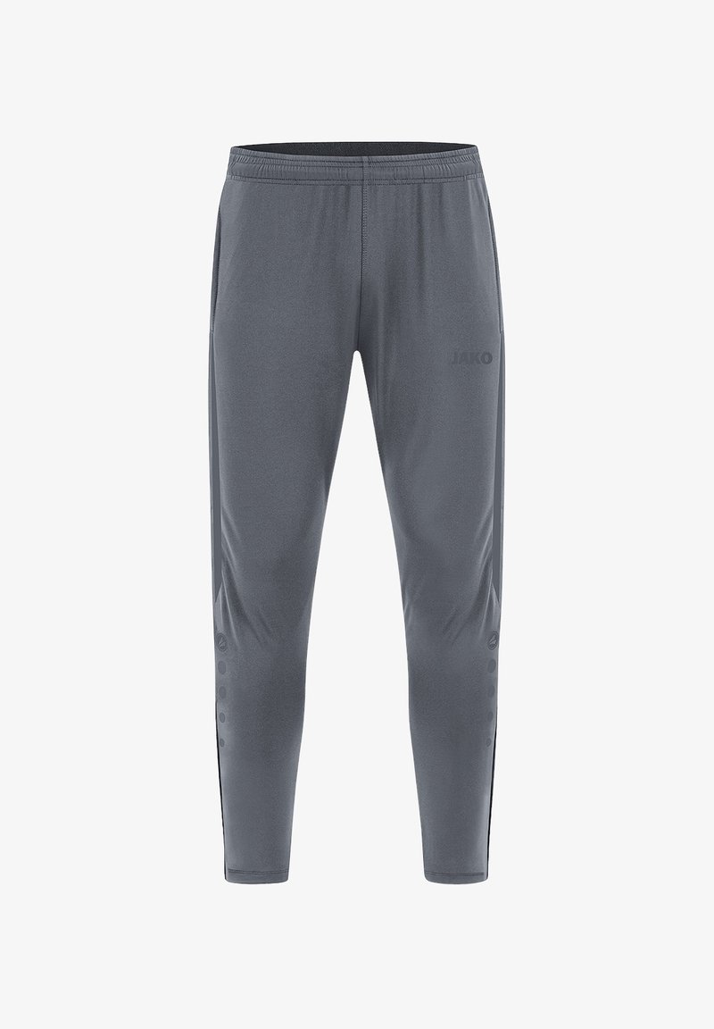 Graue Sporthosen aus elastischem Stoff mit einem taillierten Design, einem elastischen Bund und seitlichen Knöpfen für eine verstellbare Passform. JAKO-Logo angebracht.