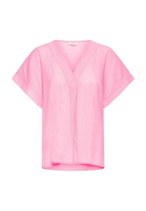 Ružičasta bluza kratkih rukava s V-izrezom i teksturiranim materijalom. Ima širok kroj i suptilan uzorak pruga, s ravnim rubom.