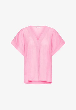 Lyserød kortærmet bluse med V-hals og struktureret stof. Har en løs pasform og subtil stribe mønster, med en lige kant.