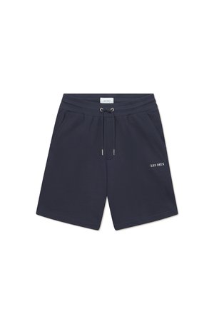 Navy blue shorts made of cotton blend with an elastic waistband, adjustable drawstring, and side pockets. "LES DEUX" logo in white.