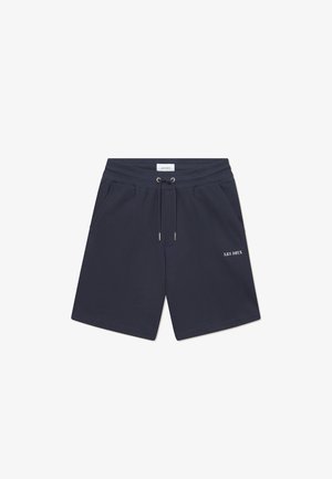 Navy blue shorts made of cotton blend with an elastic waistband, adjustable drawstring, and side pockets. "LES DEUX" logo in white.