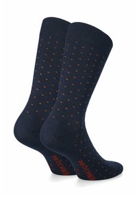 Granatowe skarpetki z prążkowanym mankietem, z pomarańczowymi kropkami i logotypem na podeszwach, wykonane z miękkiego, elastycznego materiału.