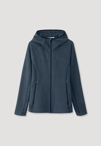 Fleece jacket in dark blue with a zip front, hood, and two side pockets. Features contrast stitching along the seams. Soft texture.