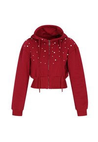 Sudadera corta con capucha en material suave de color rojo, que cuenta con cremallera frontal, capucha con cordón y está decorada con perlas blancas dispersas.