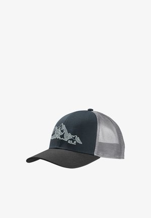 Dunkelgraue und schwarze Baseballkappe mit Bergmotiv und Jack Wolfskin-Logo, ausgestattet mit einem hellgrauen Mesh-Rückenteil.