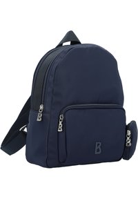 Zaino in nylon blu navy con forma arrotondata, tasca frontale con zip, dettaglio logo, tracolla regolabile e finiture textured sulle zip.