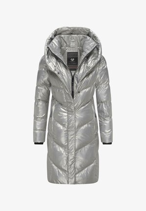 Silver puffer coat with a high collar, hood, and zip closure. Features chevron quilting design and ribbed cuffs. Smooth, reflective material.