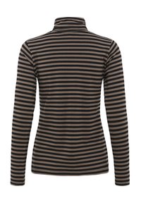 Langarmshirt mit Stehkragen, aus weichem Stoff gefertigt, mit horizontalen Streifen in Dunkelbraun und Beige.