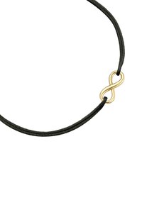 Nūjas kaklarota ar melnu austu tekstūru, kuras centrā ir zelta bezgalības simbols. Vienkāršs un minimālistisks dizains.