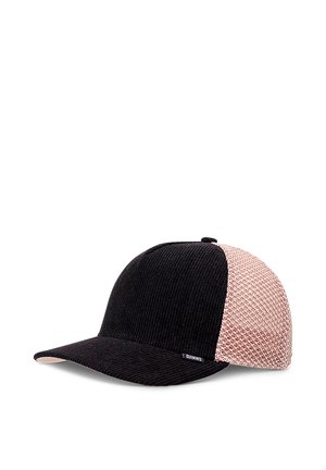 Black corduroy cap with a textured beige and light pink woven side panel, featuring a curved brim and a small logo tag.