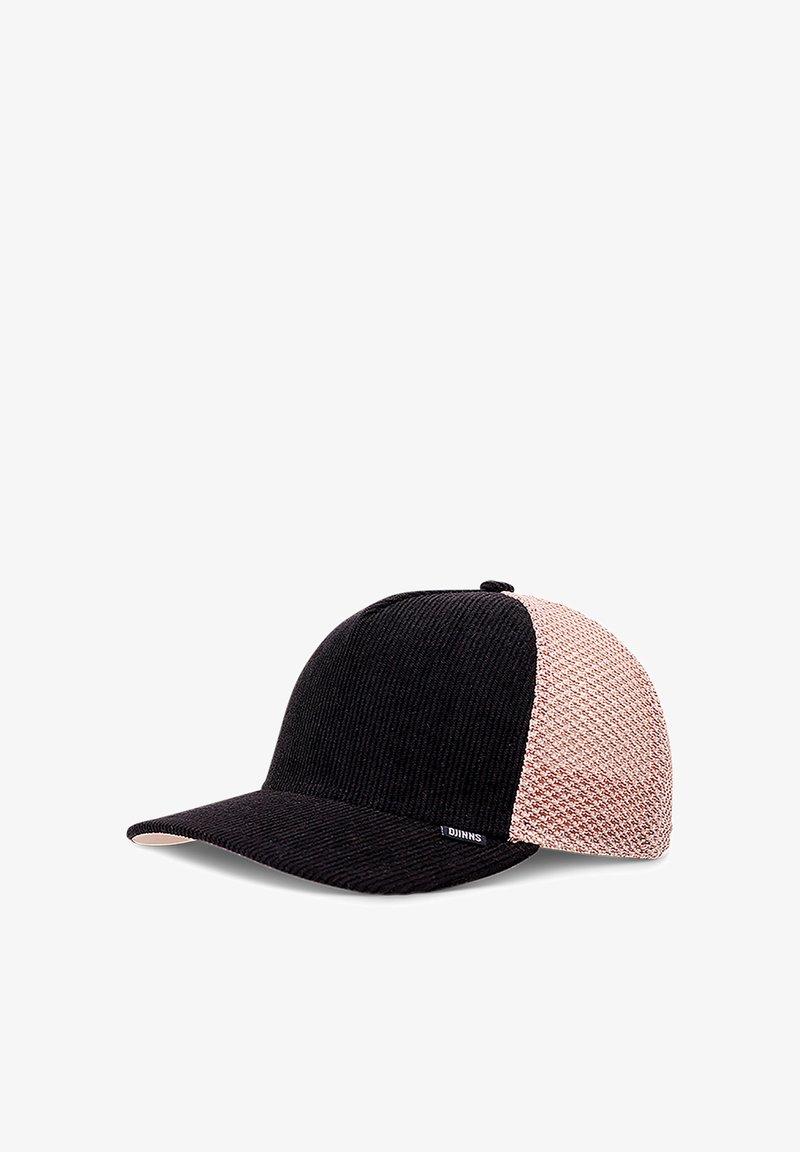 Black corduroy cap with a textured beige and light pink woven side panel, featuring a curved brim and a small logo tag.