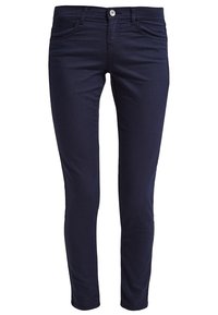 Mörkblå tajta jeans med en slät yta, fem fickor och knäppning fram. Inkluderar standardstickningsdetaljer.