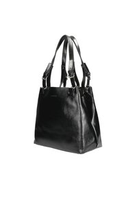Borsa tote in pelle nera con due tracolle regolabili, caratterizzata da una texture liscia e un design minimalista. Logo discretamente impresso sul fronte.