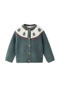 Grön stickad kofta med långa ärmar, träknappar och en krämfärgad yoke med träd- och blommönster i vinrött och grönt.