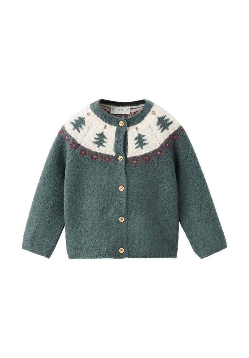 Grön stickad kofta med långa ärmar, träknappar och en krämfärgad yoke med träd- och blommönster i vinrött och grönt.