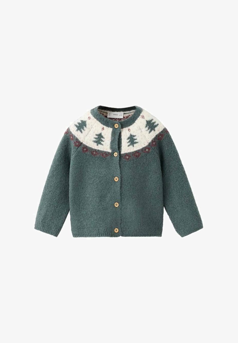 Green knitted cardigan with long sleeves, wooden buttons, and a cream yoke featuring tree and floral patterns in burgundy and green.