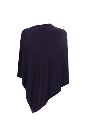 Poncho viola scuro con una forma ampia e fluttuante. Realizzato in tessuto morbido e leggero con una texture liscia e un design minimalista.