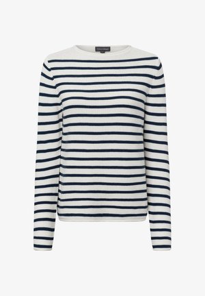 Navy- und weiß gestreifter langärmeliger Pullover mit einem Bootsausschnitt, strukturiertem Strickstoff und geradem Saum. Verfügt über ein einfaches, klassisches Design.
