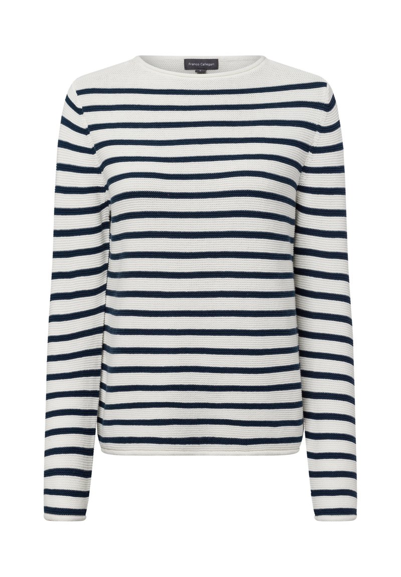 Marinero en wit gestreepte lange mouwen trui met een bootnek, met een textuur gebreid stof en een rechte zoom. Kenmerkt zich door een eenvoudig, klassiek ontwerp.