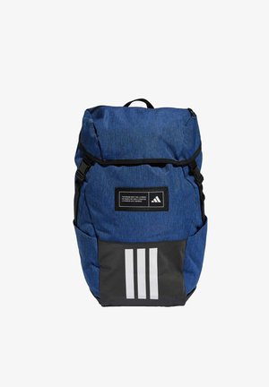 Blue fabric backpack with a textured design, featuring a black bottom panel, white stripes, and a logo patch on the front.
